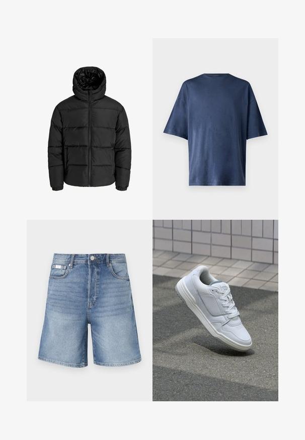 Schwarze Pufferjacke mit Reißverschluss, Kapuze und elastischen Bündchen. Hergestellt aus glattem, wetterbeständigem Material mit gestepptem Design.; Marineblaue Kurzarm-T-Shirt aus weichem Stoff, mit klassischen Rundhalsausschnitt und lockerer Passform, ohne sichtbare Muster oder Akzente.; Denim-Shorts in Hellblau, im klassischen Schnitt, mit fünf Taschen und kontrastierenden Nähten. Das Material ist glatt mit einem leichten Verblassen.; Weiße Ledersneaker mit perforierten Seiten, strukturierten Akzenten, flachen Schnürsenkeln und einer kontrastierenden grauen Ferse. Verfügt über eine leicht erhöhte Sohle.