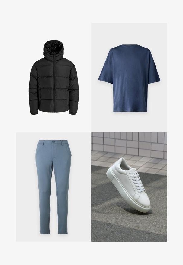 Black puffer jacket with a zip front, hood, and elastic cuffs. Made of smooth, weather-resistant material with a quilted design.; Navy blue short-sleeve T-shirt, made of soft fabric, features a classic crew neck and relaxed fit, with no visible patterns or accents.; Light blue fitted pants made of a soft fabric, featuring a smooth texture, a front button closure, and tailored seams along the sides.; White leather sneaker with a smooth surface, round toe, and flat white laces. Features a textured rubber sole and minimal design elements.