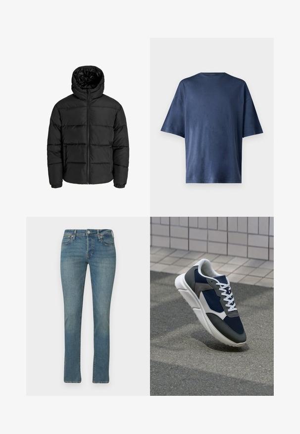 Fekete puffernadrág cipzárral, kapucnival és elasztikus mandzsettával. Simább, időjárásálló anyagból készült, steppelt kialakítással.; Tengerészkék, rövid ujjú póló, puha anyagból készült, klasszikus kerek nyakkal és laza szabással, látható minták vagy díszítések nélkül.; Világoskék farmernadrág egyenes szabarú, öt zsebes kialakítással, elülső gombos záródással és finom kopásos részletekkel az anyagon.; Cipő, amelynek sötétkék hálós felsőrésze, szürke velúr díszítései, fehér gumitalpa és lapos fehér fűzője van, a kényelem és a légáteresztő képesség érdekében tervezve.