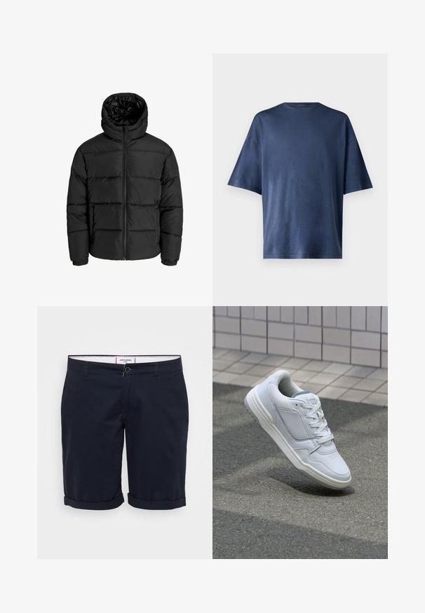 Giubbotto imbottito nero con zip frontale, cappuccio e polsini elastici. Realizzato in materiale liscio e resistente alle intemperie con un design trapuntato.; Maglietta a maniche corte blu navy, realizzata in un tessuto morbido, presenta un classico colletto girocollo e una vestibilità comoda, senza motivi o dettagli visibili.; Pantaloni corti blu navy in cotone, con frontale piatto, risvolti e chiusura con un singolo bottone anteriore.; Sneaker bianca in pelle con lati perforati, accenti testurizzati, lacci piatti e tallone grigio a contrasto. Presenta una suola leggermente elevata.