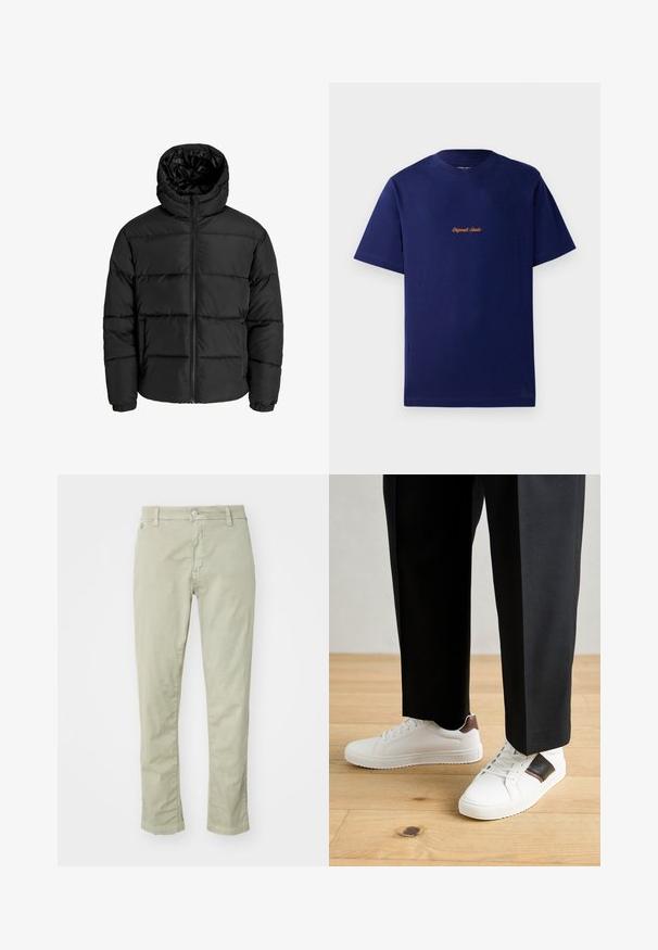 Melna pūkaina jaka ar rāvējslēdzēju priekšā, kapuci un elastīgām piedurknēm. Izgatavota no gludas, laika apstākļiem izturīgas materiāla ar kviltēta dizainu.; Tums zila kokvilnas T-kreklā ar īsām piedurknēm. Raksturīgs neliels, oranžs izšūts logo uz krūts. Klasiska apaļā kakla izgriezuma dizains.; Gaiši zaļi kokvilnas bikses ar tievu piegriezumu, ar pogu aizdari, piecu kabatu dizainu un smalkām šuvēm.; Baltā pārsoļa apavi ar gludu tekstūru, papildināti ar brūniem ādas akcentiem un melniem elementiem, savienoti ar melnām pielāgotām biksēm. Koka grīdas fons.