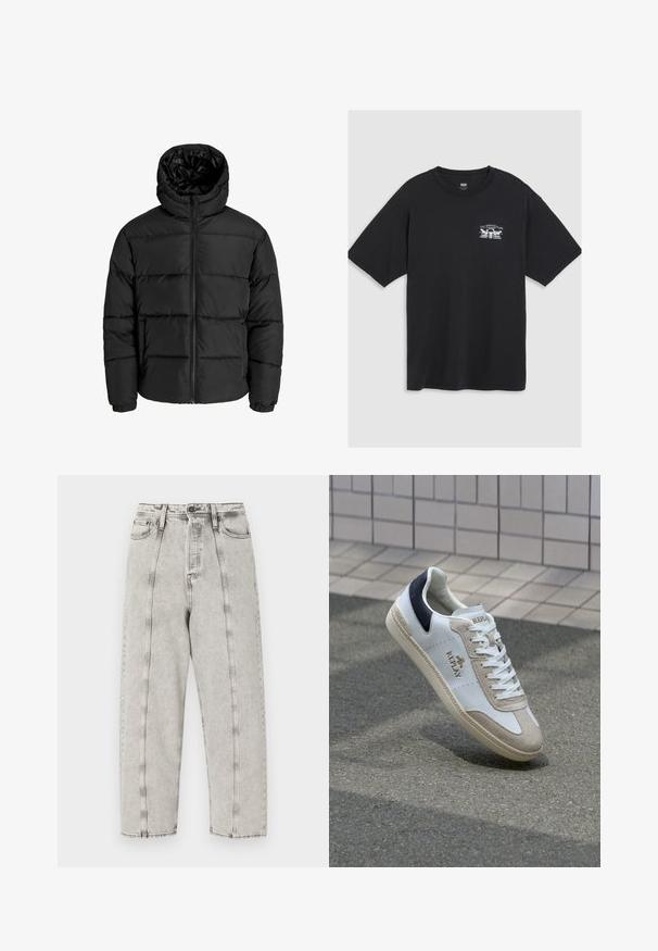 Black puffer jacket with a zip front, hood, and elastic cuffs. Made of smooth, weather-resistant material with a quilted design.; Black cotton t-shirt with short sleeves, crew neck, and a small white graphic print at the chest featuring a stylized design.; Gray high-waisted jeans with a loose fit, featuring a straight leg design, visible stitching, and distressed texture.; White leather sneaker featuring beige suede accents, navy heel tab, and gold logo. Textured sole with decorative pattern. Classic lace-up design.