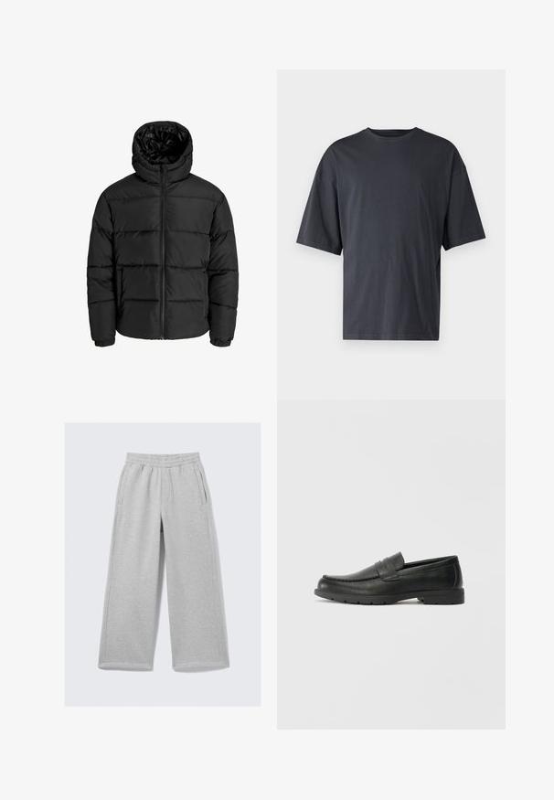 Sort foret jakke med lynlås foran, hætte og elastiske manchetter. Lavet af glat, vejrbestandigt materiale med en quiltet design.; Mørkegrå kortærmet t-shirt lavet af letvægtsbomuld, med en løs pasform og klassisk rund halsudskæring, uden mønstre og med ensartet tekstur.; Lysegrå joggingbukser med vidde ben, elastisk talje og sidelommer. Fremstillet af blødt, tekstureret bomuldsblanding.; Sorte læderslippers med en glat finish, mokkasin-stil overdel, syninger og gummisål. Klassisk design med en lav hæl.