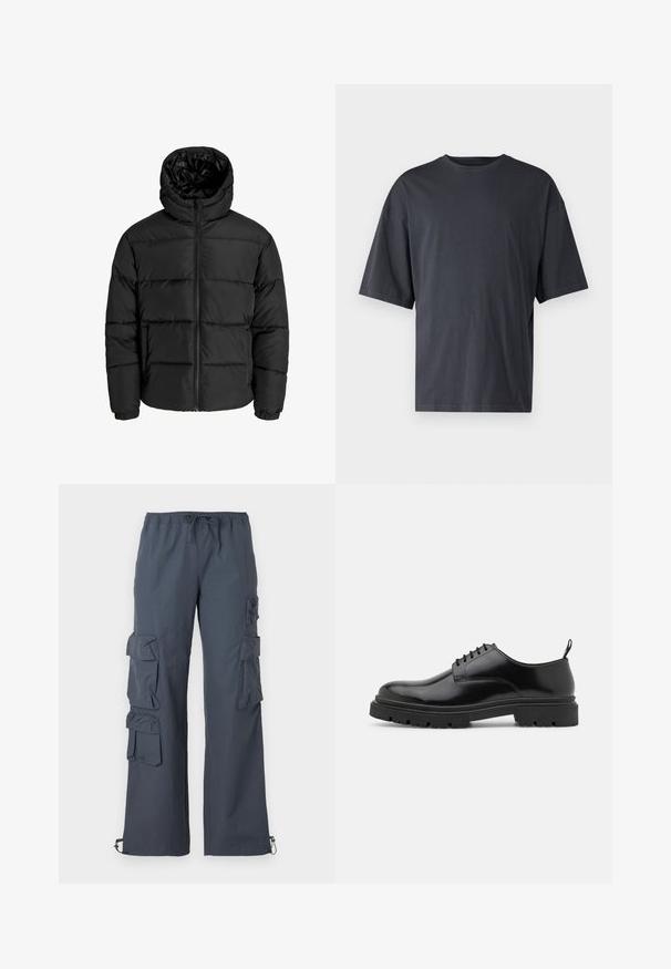 Melna pūkaina jaka ar rāvējslēdzēju priekšā, kapuci un elastīgām piedurknēm. Izgatavota no gludas, laika apstākļiem izturīgas materiāla ar kviltēta dizainu.; Tumši pelēkas īsām piedurknēm T-krekls, izgatavots no viegla kokvilnas, ar brīvu piegriezumu un klasisku apaļu kakla izgriezumu, bez rakstiem un ar vienveidīgu faktūru.; Tumši pelēki kravas bikses ar elastīgu jostu, vairākām lielām kabatām uz sāniem un regulējamām bikšu pēdām pie potītēm.; Melnas ādas siksniņu kurpes ar apaļu purngalu, gludu tekstūru un ar rievotu gumijas zoli. Iezīmējas ar mazu papēdi un cilpu aizmugurē.