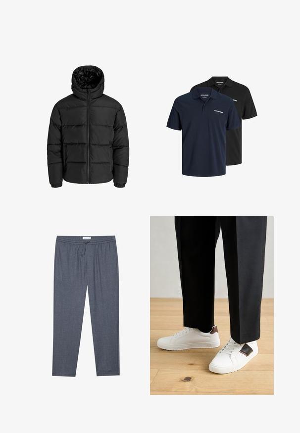 Fekete puffernadrág cipzárral, kapucnival és elasztikus mandzsettával. Simább, időjárásálló anyagból készült, steppelt kialakítással.; Két pólóing: az egyik sötétkék, fehér logóval, a másik fekete. Mindkettő klasszikus gallérral és rövid ujjakkal rendelkezik, könnyű anyagból készült.; Szürke, egyenes szárú nadrág, állítható derékkal és finom textúrával. Az anyag puhanak és kényelmesnek tűnik, alkalmas hétköznapi viseletre.; Fehér sneaker, sima textúrával, barna bőr díszítéssel és fekete részletekkel, fekete szabott nadrággal párosítva. Fából készült padló háttér.