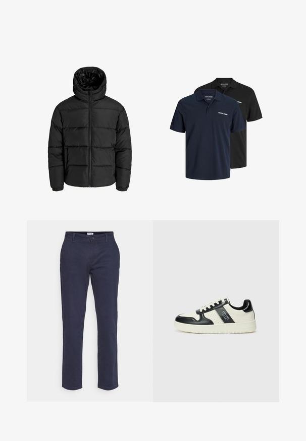 Melna pūkaina jaka ar rāvējslēdzēju priekšā, kapuci un elastīgām piedurknēm. Izgatavota no gludas, laika apstākļiem izturīgas materiāla ar kviltēta dizainu.; Divi polo krekli: viens tumši zils ar baltu logotipu un otrs melns. Abiem ir klasiskā apkakle un īsas piedurknes, tie izgatavoti no viegla auduma.; Jūras spēku kokvilnas bikses ar taisnu kāju dizainu, ar priekšējo rāvējslēdzēja un pogas aizdari, piecām kabatām un smalkām šūšanas detaļām.; Ādas sporta apavi ar melnbaltu krāsu shēmu, ar perforētiem akcentiem, mīkstinātu apkakli un teksturētu zoli.