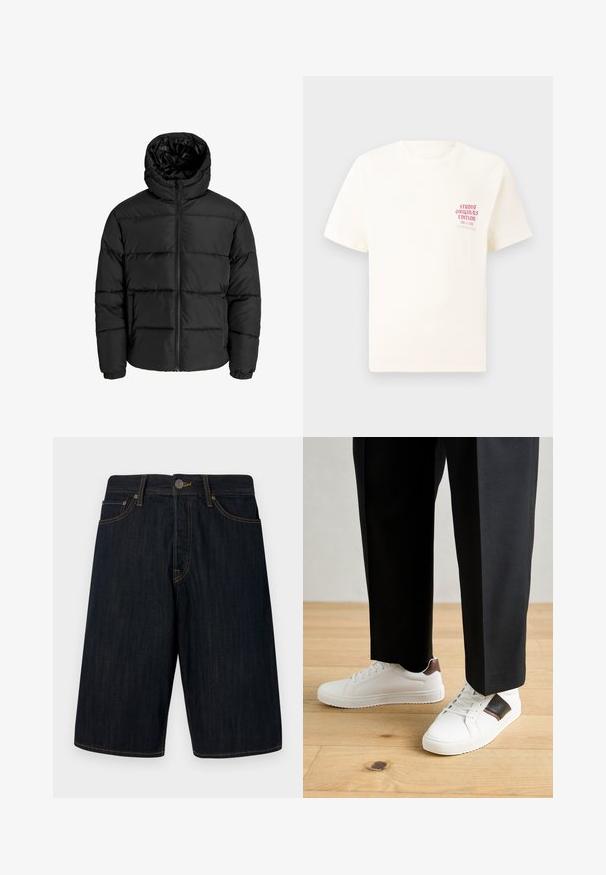 Crna puf jakna s zatvaračem sprijeda, kapuljačom i elastičnim manžetama. Napravljena od glatkog, vremenski otpornog materijala s kvadratnim dizajnom.; Bijela kratka majica s kratkim rukavima s crvenim natpisom "Studio Originals Edition" na lijevoj strani grudi, prikazana na neutralnoj sivoj pozadini.; Tamni traper šorts s ravnim krojem, s žutim šavovima, pet džepova i prednjim kopčanjem na dugme. Glatka tekstura.; Bijele tenisice s glatkom teksturom, s smešnim kožnim detaljima i crnim naglascima, u kombinaciji s crnim krojenim hlačama. Pozadina od drvenog poda.