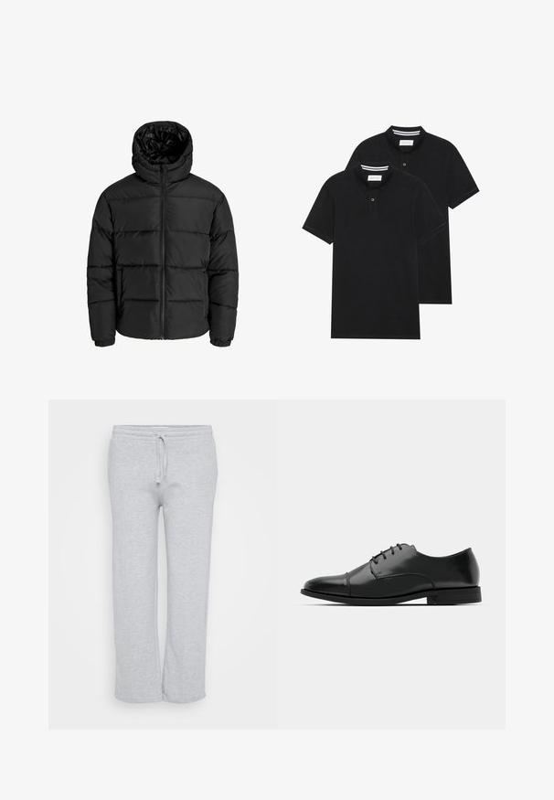 Črna puf jakna z zadrgo spredaj, kapuco in elastičnimi manšetami. Narejena iz gladkega, vremensko odpornega materiala s prešitim dizajnom.; Dve črne polo majice, kratke rokave, iz bombažnega materiala, z klasik ovratnikom, dvobodno zaponko in belimi črtkami znotraj ovratnika.; Svetlo sivi trenirka iz mehkega blaga, ki ima elastičen pas z vrvico, raven kroj hlač in stranske žepke.; Črne usnjene moške čevlje z zaobljenim nosom, s sistemom vezalk, diskretnimi šivi in nizkih petah. Gladka tekstura s sijočim zaključkom.