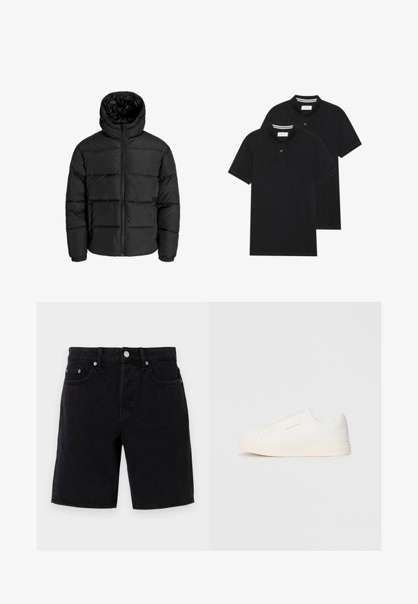 Fekete puffernadrág cipzárral, kapucnival és elasztikus mandzsettával. Simább, időjárásálló anyagból készült, steppelt kialakítással.; Két fekete pólóing, rövid ujjú, pamut anyagból készült, klasszikus gallérral, két gombos gombolással, és fehér csíkos díszítéssel a gallér belső részén.; Fekete farmer rövidnadrág egyenes szabással, gombos és cipzáras záródással, övhurkokkal és elülső zsebekkel. Sima textúra, minimális díszítés.; Fehér slip-on sportcipők texturált felülettel, vastag talppal és minimalista dizájnnal. Az oldalon a márka logója található.