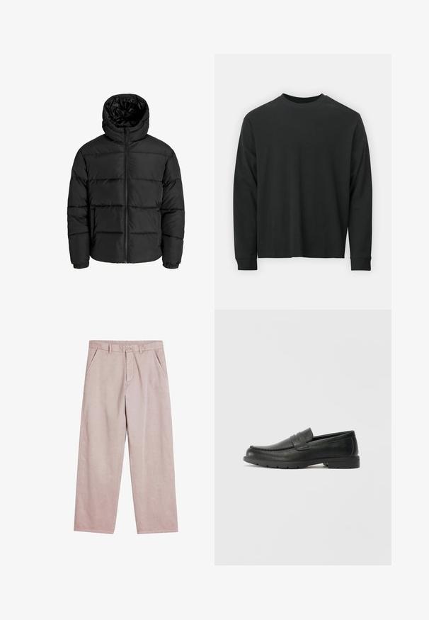 Juodas pūkuotas džemperis su užtrauktuku, kapišonu ir elastinėmis rankovėmis. Pagamintas iš glotnių, oro sąlygoms atsparių medžiagų su siuvinėjimo raštu.; Ilga melsva juoda marškinėliai, pagaminti iš medvilnės, su apvaliu iškirpimu, laisvu siluetu ir ripsuota apykakle. Lygus paviršius be matomų raštų.; Šviesiai rožinės plačios kelnės, pagamintos iš minkštos medžiagos, su priekinių kišenių ir sagos uždarymu, papuoštos smulkiu siuvinėjimo akcentu.; Juodai odiniai loaferiai su sklandžiu paviršiumi, mokasino stiliaus viršus, siuvinėjimu ir guminėmis padangomis. Klasikinis dizainas su žemu kulnu.