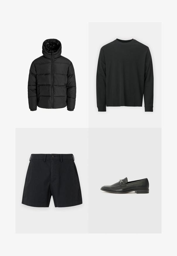 Zwarte pufferjack met een rits aan de voorkant, capuchon en elastische manchetten. Gemaakt van glad, weerbestendig materiaal met een gestikt ontwerp.; Zwarte longsleeve T-shirt van katoen, met een ronde halslijn, een losse pasvorm en geribbelde boorden. Glad oppervlak zonder zichtbare patronen.; Zwarte katoenen shorts met een knoopsluiting in de taille, zijzakken en een recht gesneden ontwerp. Gladde textuur met een minimalistische esthetiek.; Zwarte leren instapper met een gladde afwerking, voorzien van een gestikt ontwerp en een decoratieve metalen kettingaccent over de wreef. Platte hak.