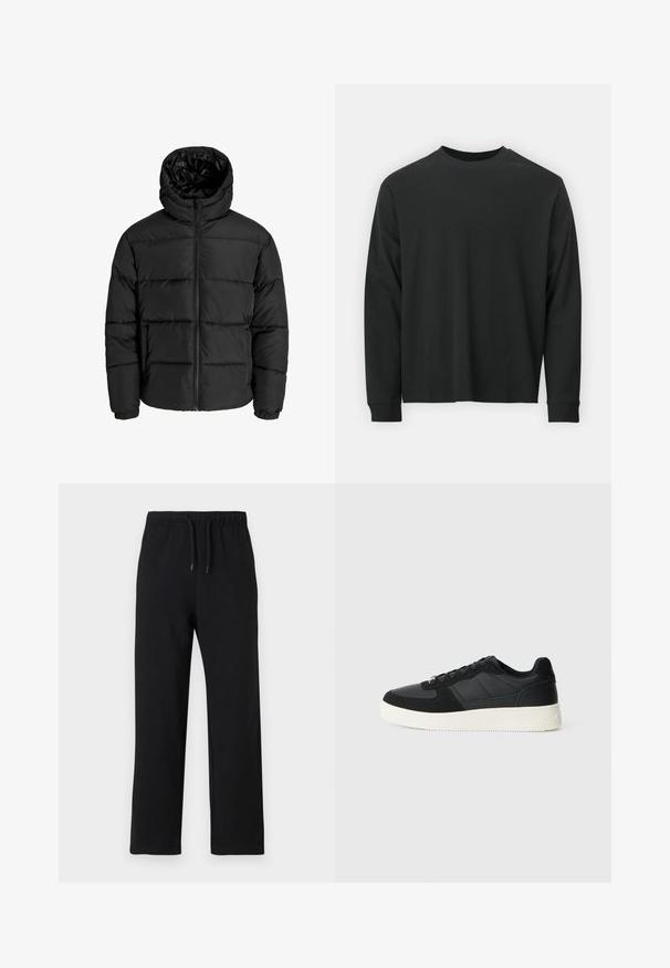 Sort foret jakke med lynlås foran, hætte og elastiske manchetter. Lavet af glat, vejrbestandigt materiale med en quiltet design.; Langærmet sort T-shirt lavet af bomuld, med rund halsudskæring, løs pasform og ribbede ærmer. Glat tekstur uden synlige mønstre.; Jack & Jones JPSTKANE JJCHARGE UNCUFFED - Træningsbukser - black; Sort lavt-top sneakers med tekstureret læder og ruskindspaneler, hvidgummi sål og sorte snørebånd på en ensfarvet lys baggrund.