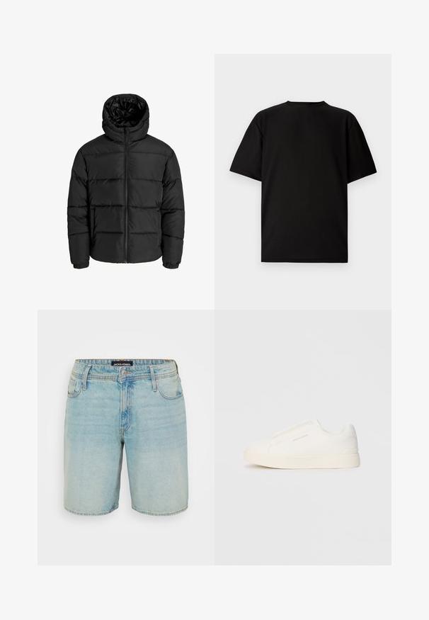 Crna puf jakna s zatvaračem sprijeda, kapuljačom i elastičnim manžetama. Napravljena od glatkog, vremenski otpornog materijala s kvadratnim dizajnom.; Crni kratki rukav T-shirt izrađen od rebrastog materijala. Ima okruglu izrezanu vratnicu i opušten kroj s glatkom teksturom. Samo stražnji pogled.; Svijetloplave traper šortse s klasičnim dizajnom pet džepova, zatvaranjem na dugme i lagano izblijeđenom teksturom. JACKET & JONES oznaka vidljiva na pojasu.; Bijele slip-on tenisice s teksturiranom površinom, debelim đonom i minimalističkim dizajnom. Sadrže logo branda sa strane.