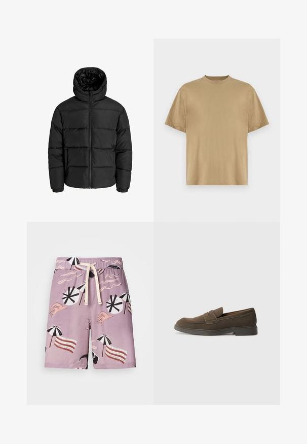 Giubbotto imbottito nero con zip frontale, cappuccio e polsini elastici. Realizzato in materiale liscio e resistente alle intemperie con un design trapuntato.; T-shirt khaki a maniche corte realizzato in morbido tessuto, con scollatura rotonda e vestibilità rilassata. Non sono visibili pattern o grafiche.; Costume da bagno in tessuto viola chiaro, con un motivo grafico di ombrelloni da spiaggia, linee ondulate e mani stilizzate in colori a contrasto.; Mocassino in suede marrone con punta arrotondata, una fascia sulla parte superiore e suola in gomma piatta. Design semplice con linee pulite e dettagli minimi.