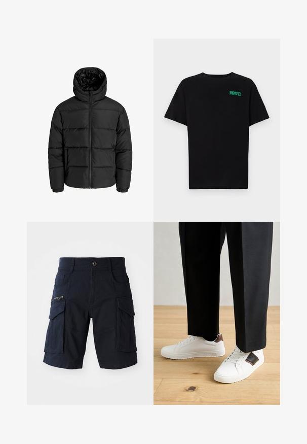 Black puffer jacket with a zip front, hood, and elastic cuffs. Made of smooth, weather-resistant material with a quilted design.; Black t-shirt made of cotton with short sleeves. Features a green "ROOTS" logo on the front, round neckline, and standard fit.; Navy cargo shorts featuring multiple pockets, including a zippered side pocket, durable fabric, straight cut, and knee-length design.; White sneakers with smooth texture, featuring brown leather accents and black detailing, paired with black tailored pants. Wooden floor background.