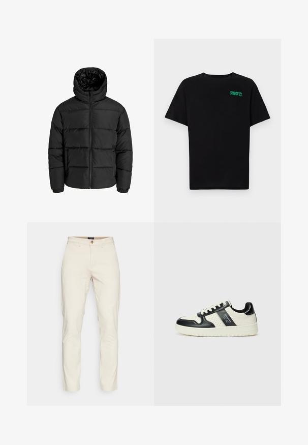 Schwarze Pufferjacke mit Reißverschluss, Kapuze und elastischen Bündchen. Hergestellt aus glattem, wetterbeständigem Material mit gestepptem Design.; Schwarzes T-Shirt aus Baumwolle mit kurzen Ärmeln. Auf der Vorderseite befindet sich ein grünes "ROOTS"-Logo, es hat einen runden Halsauschnitt und eine normale Passform.; DOCKERS SMART FLEX MOTION SLIM - Chino - sahara khaki; Leder-Sneaker in Schwarz- und Cremetönen, mit perforierten Akzenten, einem gepolsterten Kragen und einer strukturierten Laufsohle.