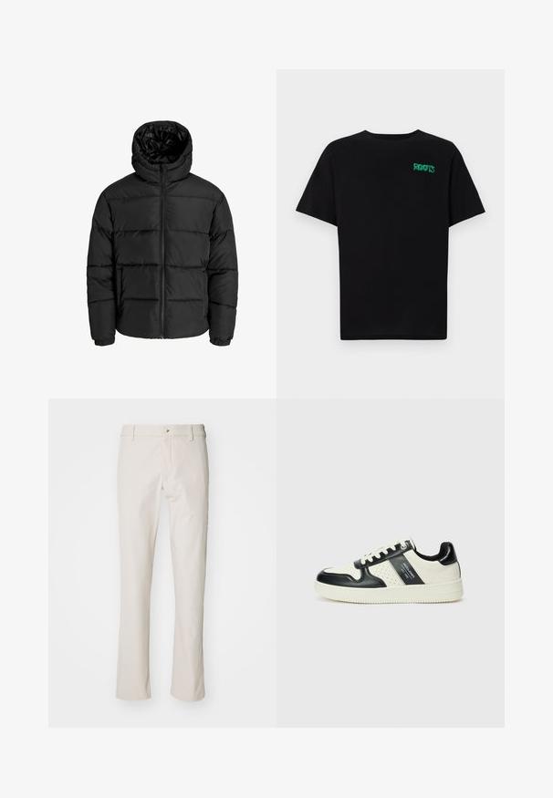 Melna pūkaina jaka ar rāvējslēdzēju priekšā, kapuci un elastīgām piedurknēm. Izgatavota no gludas, laika apstākļiem izturīgas materiāla ar kviltēta dizainu.; Melna kokvilnas t-kreka ar īsām piedurknēm. Uz priekšu ir zaļa "ROOTS" logo, apaļa kakla izgriezums un standarta piegriezums.; DOCKERS GO AIRWEAVE - Chinos tipa bikses - sahara khaki; Ādas sporta apavi ar melnbaltu krāsu shēmu, ar perforētiem akcentiem, mīkstinātu apkakli un teksturētu zoli.