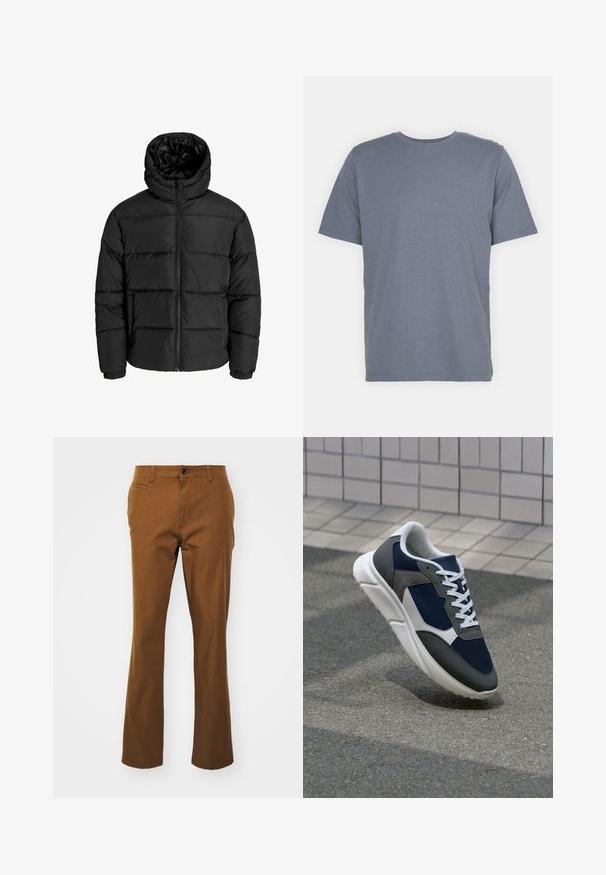 Juodas pūkuotas džemperis su užtrauktuku, kapišonu ir elastinėmis rankovėmis. Pagamintas iš glotnių, oro sąlygoms atsparių medžiagų su siuvinėjimo raštu.; Pilkas trumpas rankovėmis marškinėliai su apvaliu kaklu, pagaminti iš švelnaus medvilnės mišinio. Paprastas dizainas, be raštų ar akcentų.; Rudos tiesius kelnes, pagamintas iš medvilnės ir sintetinių audinių mišinio, su užtrauktuku, mygtuko uždarymu ir priekinėmis kišenėmis. Lygus paviršius, laisvalaikio dizainas.; Sportiniai bateliai su tamsiai mėlynu tinkliniu viršumi, pilkais zomšiniais akcentais, balta guma padanga ir plokščiomis baltomis raištelėmis, sukurti komfortui ir oro pralaidumui.