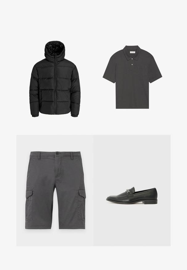 Schwarze Pufferjacke mit Reißverschluss, Kapuze und elastischen Bündchen. Hergestellt aus glattem, wetterbeständigem Material mit gestepptem Design.; Dunkelgraues Poloshirt mit traditionellem Kragen, Drei-Knopf-Leiste, kurzen Ärmeln und einer linken Brusttasche. Glatte Stoffoberfläche.; Graue Cargo-Shorts mit Seitentaschen, aus strapazierfähigem Stoff gefertigt, mit Knopfverschluss und Gürtelschlaufen. Glatte Textur, knielange Ausführung.; Schwarzer Lederloafer mit glatter Oberfläche, ausgestattet mit einer gesteppten Gestaltung und einem dekorativen Metallkettendetail über dem Vorderblatt. Flacher Absatz.
