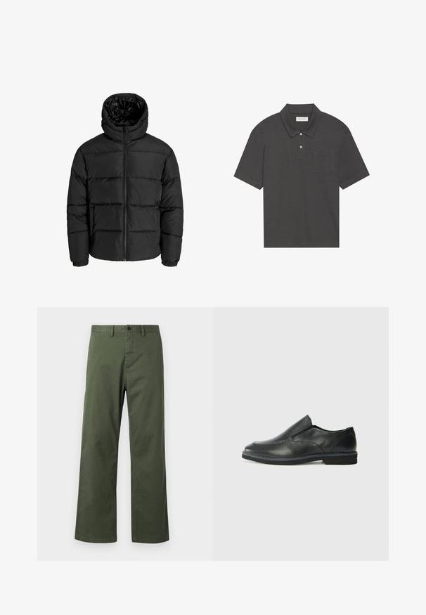 Melna pūkaina jaka ar rāvējslēdzēju priekšā, kapuci un elastīgām piedurknēm. Izgatavota no gludas, laika apstākļiem izturīgas materiāla ar kviltēta dizainu.; Tumši pelēks polo krekls ar tradicionālo apkakli, trīs pogu aizdari, īsām piedurknēm un kreisajā krūtī esošu kabatu. Gluda auduma tekstūra.; Zaļas platās bikses, izgatavotas no kokvilnas maisījuma auduma, ar pogu aizdari, jostu cilpām un smalku vertikālu tekstūru.; Melnas ādas slip-on kurpes ar gludu augšdaļu, izšūtām akcentiem, noapaļotu purngala daļu un zemu gumijas papēdi. Zole ar minimālu rakstu.
