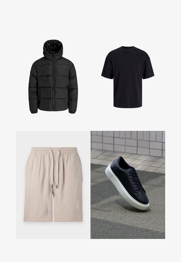 Giubbotto imbottito nero con zip frontale, cappuccio e polsini elastici. Realizzato in materiale liscio e resistente alle intemperie con un design trapuntato.; T-shirt in cotone nero con collo rotondo, maniche corte e vestibilità morbida. Texture liscia senza pattern o dettagli visibili.; Pantaloni corti beige, textured, con vita elastica e cordoncino. Presentano un motivo a quadri discreto e una vestibilità ampia. Nessuna tasca visibile.; Sneaker in pelle nera con punta arrotondata e suola in gomma bianca. Presenta lacci piatti e cuciture minime sulla parte superiore. Suola testurizzata per una migliore aderenza.