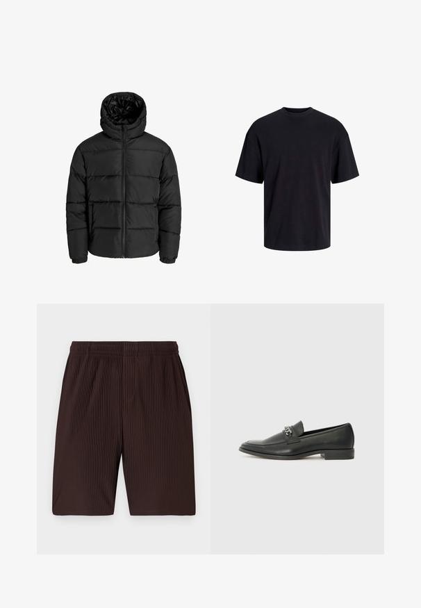 Čierna nadýchaná bunda s predným zipsom, kapucňou a elastickými manžetami. Vyrobená z hladkého, poveternostným podmienkam odolného materiálu s prešívaným dizajnom.; Čierne bavlnené tričko s okrúhlym výstrihom, krátkymi rukávmi a uvoľneným strihom. Hladká textúra bez viditeľných vzorov alebo akcentov.; Hnedé skladané šortky s elastickým pásom a vreckami, vyrobené z ľahkého materiálu. Spodný lem siaha tesne nad kolená.; Čierne kožené loafers s hladkým povrchom, s prešitým dizajnom a dekoratívnym kovovým reťazovým akcentom cez priehlavok. Plochý podpätok.