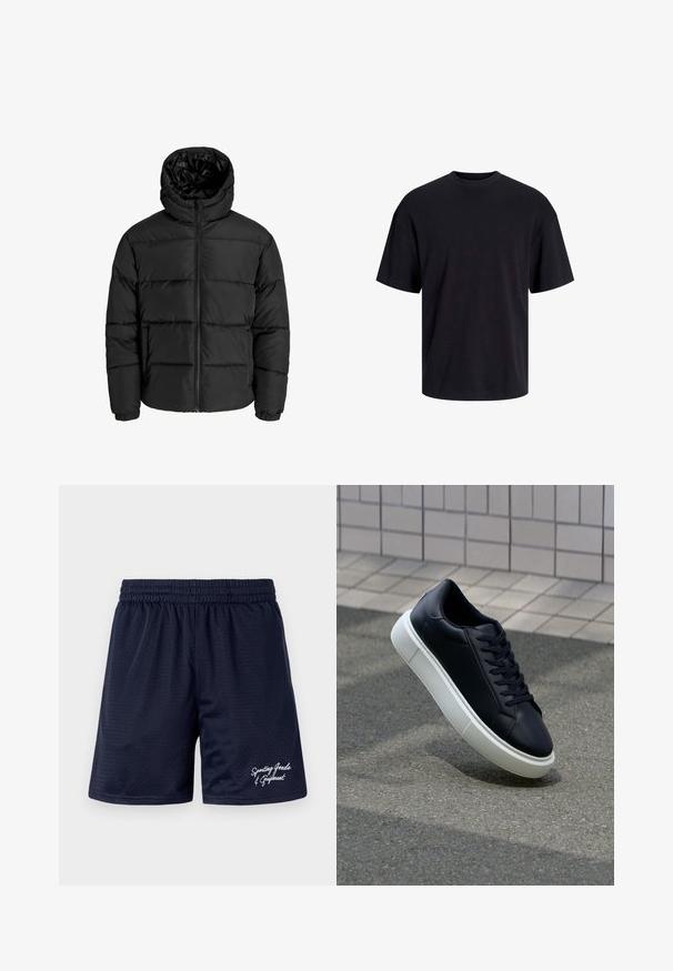 Giubbotto imbottito nero con zip frontale, cappuccio e polsini elastici. Realizzato in materiale liscio e resistente alle intemperie con un design trapuntato.; T-shirt in cotone nero con collo rotondo, maniche corte e vestibilità morbida. Texture liscia senza pattern o dettagli visibili.; Shorts sportivi in rete blu navy con vita elastica. Presentano il testo ricamato in bianco "Articoli e attrezzature sportive" in basso a destra.; Sneaker in pelle nera con punta arrotondata e suola in gomma bianca. Presenta lacci piatti e cuciture minime sulla parte superiore. Suola testurizzata per una migliore aderenza.