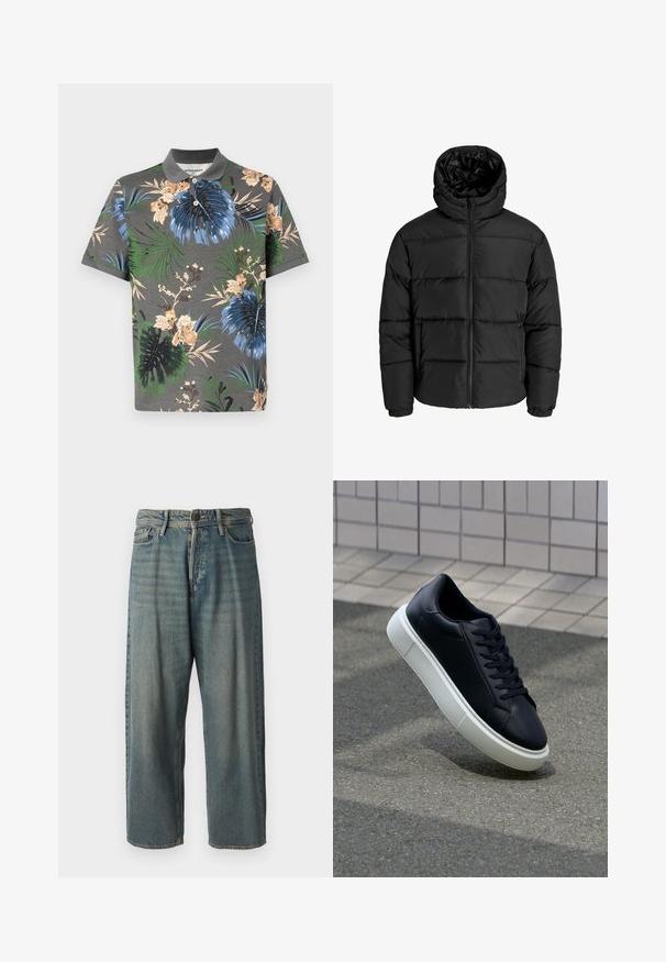 Juodas pūkuotas džemperis su užtrauktuku, kapišonu ir elastinėmis rankovėmis. Pagamintas iš glotnių, oro sąlygoms atsparių medžiagų su siuvinėjimo raštu.; Šviesiai pilkas trumpomis rankovėmis polo marškinėliai su ryškiomis gėlių ir lapų raštais mėlynos, žalios ir smėlio spalvų. Savybės, kaip kontrastinga apykaklė ir mygtukų užsegimo sistema.; Šviesiai mėlyni džinsai su laisvu siluetu, vidutinio aukščio juosmeniu ir tiesiomis kojomis. Su penkiais kišenėmis, diržo kilpo ir mygtukų uždarymu.; Juodas odinis sportbačius su apvaliu pirštu ir baltu gumuotu padu. Turi plokščias raišteles ir minimalų siuvimą viršuje. Padangos tekstūra užtikrina sukibimą.