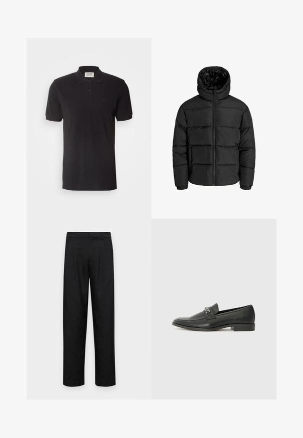 Juodas pūkuotas džemperis su užtrauktuku, kapišonu ir elastinėmis rankovėmis. Pagamintas iš glotnių, oro sąlygoms atsparių medžiagų su siuvinėjimo raštu.; Scotch & Soda ESSENTIALS - Polo marškinėliai - black; Juodi kelnių modeliai, pagaminti iš lygios medžiagos, turi tiesią kojas, du priekiniai klostės ir standartinę juosmenį su diržo kilpomis.; Juodos odinės loafer tipo bateliai su lygiu paviršiumi, turintys siuvinėtą dizainą ir dekoratyvų metalo grandinėlės akcentą ant batų viršaus. Plokščias kulnas.