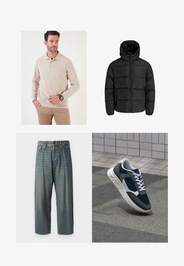 Melna pūkaina jaka ar rāvējslēdzēju priekšā, kapuci un elastīgām piedurknēm. Izgatavota no gludas, laika apstākļiem izturīgas materiāla ar kviltēta dizainu.; Bēšas krāsas garas piedurknes polo krekls ar ribotu tekstūru, trīs pogu apdare un pieguļošs mala. Valkāts ar gaišas krāsas biksēm un pulksteni.; Gaiši zili džinsi ar brīvu piegriezumu, vidējo jostas augstumu un taisnām kājām. Satur piecas kabatas, jostas cilpas un pogu aizdari.; Sporta apavi ar tumši zilas krāsas tīkla augšdaļu, pelēku zamšādas akcentiem, baltu gumijas zoli un plakaniem baltiem šņorēm, kas izstrādāti komfortam un elpojamībai.