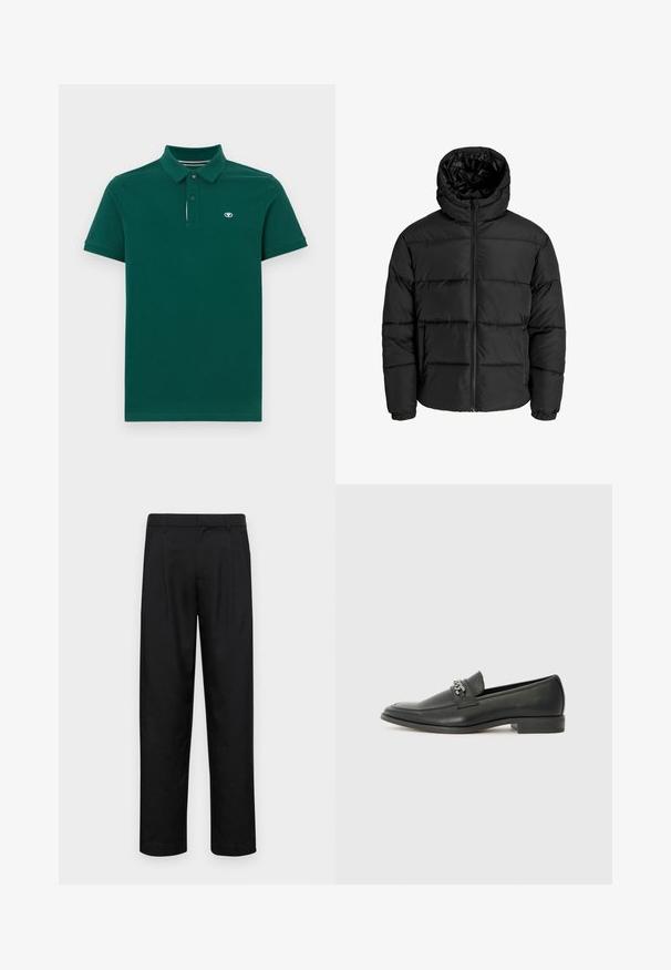Fekete puffernadrág cipzárral, kapucnival és elasztikus mandzsettával. Simább, időjárásálló anyagból készült, steppelt kialakítással.; Sötétzöld, egyszínű, textúrált pamut póló, amely gallérral, három gombos nyakkal és egy kis logóval rendelkezik a mellkason.; Fekete nadrág sima anyagból, egyenes szárú fazonnal, két elülső redővel és közönséges derékkal, övhurkokkal.; Fekete bőr loaferek sima felülettel, varrott mintával és díszítő fém lánccal a cipő elején. Lapos sarok.