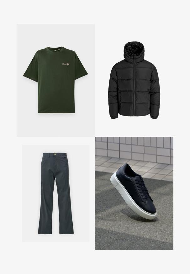 Schwarze Pufferjacke mit Reißverschluss, Kapuze und elastischen Bündchen. Hergestellt aus glattem, wetterbeständigem Material mit gestepptem Design.; Grünes Baumwoll-T-Shirt mit kurzen Ärmeln, lockerer Schnitt. Beinhaltet ein kleines, in hellrosa gesticktes Logo auf der linken Brust.; Schwarze Hose mit geradem Bein, aus einem Baumwollmix. Verfügt über einen Metallknopfverschluss und seitliche Taschen. Keine sichtbaren Muster.; Schwarze Leder-Sneaker mit runder Zehenpartie und weißer Gummisohle. Verfügt über flache Schnürsenkel und minimale Nähte im Obermaterial. Strukturiertes Sohlenprofil für besseren Halt.