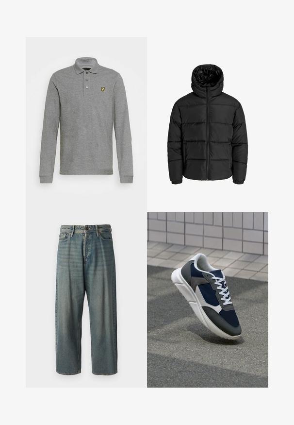 Czarna kurtka puchowa z zamkiem błyskawicznym z przodu, kapturem i elastycznymi mankietami. Wykonana z gładkiego, odpornego na warunki atmosferyczne materiału z pikowanym wzorem.; Szary longsleeve polo wykonany z miękkiego materiału, z trzema guzikami z przodu oraz żółtym logo na lewej piersi.; Jasnoniebieskie dżinsy o luźnym kroju, średnim stanie i prostych nogawkach. Posiadają pięć kieszeni, szlufki na pasek oraz zapięcie na guzik.; Sneakers z granatową siateczkową cholewką, szarymi zamszowymi akcentami, białą gumową podeszwą i płaskimi białymi sznurówkami, zaprojektowane z myślą o komforcie i wentylacji.