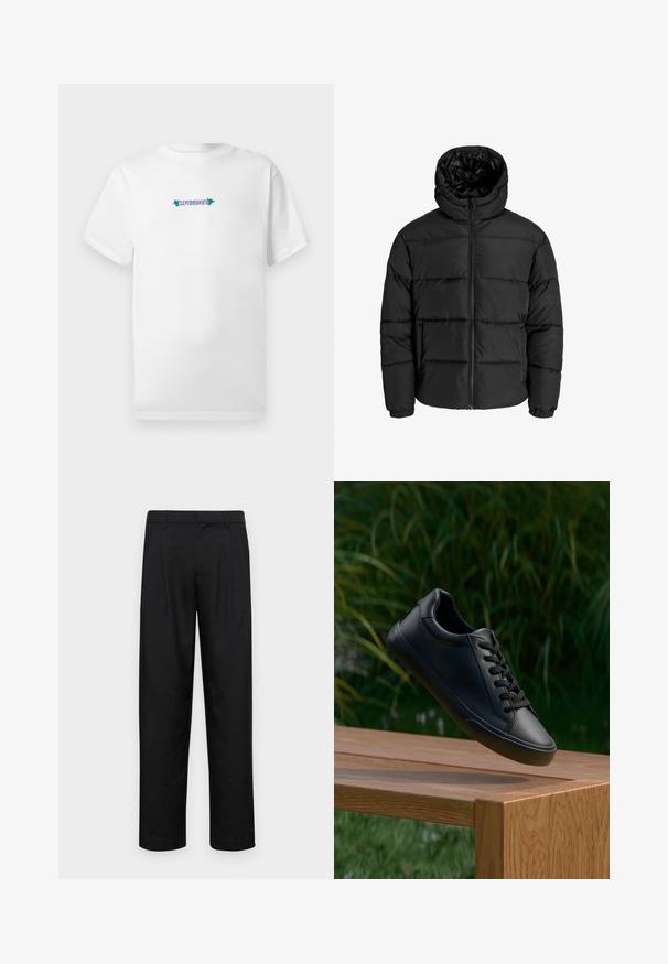 Musta puhvijakku, jossa on vetoketjukiinnitys, huppu ja joustavat hihansuut. Valmistettu sileästä, säänkestävästä materiaalista, jossa on tikkikuvio.; Valkoinen puuvillapaita lyhyillä hihoilla, jossa on keskellä rinnan alueella graafinen teksti-logo "CLEPTOMANICX" violetilla ja vihreällä.; Mustat housut, jotka on valmistettu sileästä kankaasta, suoran lahkeen muotoilulla, kahdella etupleekillä ja tavanomaisella vyötäröllä, jossa on vyölenkit.; Musta nahkakengät, joissa on sileä pinta, pyöreä kärki ja litteät nauhat, aseteltu puupinnan ylle, taustalla vihreää ruohoa.