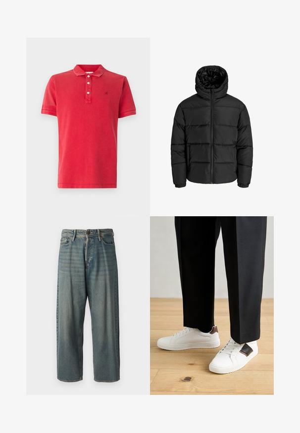 Fekete puffernadrág cipzárral, kapucnival és elasztikus mandzsettával. Simább, időjárásálló anyagból készült, steppelt kialakítással.; Piros pólóing puha pamutból, klasszikus gallérral, négy gombos nyitással és diszkrét logóval a mellkasán. Rövid ujjú.; Világoskék farmernadrág, laza fazonnal, közepes derékbőséggel és egyenes szárral. Öt zsebet, övbucskát és gombos záródást tartalmaz.; Fehér sneaker, sima textúrával, barna bőr díszítéssel és fekete részletekkel, fekete szabott nadrággal párosítva. Fából készült padló háttér.
