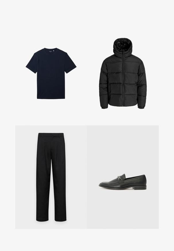 Fekete puffernadrág cipzárral, kapucnival és elasztikus mandzsettával. Simább, időjárásálló anyagból készült, steppelt kialakítással.; Sötétkék pamut póló rövid ujjakkal, klasszikus kerek nyakkal és sima textúrával. Egyszerű dizájn, minta vagy látható díszítések nélkül.; Fekete nadrág sima anyagból, egyenes szárú fazonnal, két elülső redővel és közönséges derékkal, övhurkokkal.; Fekete bőr loaferek sima felülettel, varrott mintával és díszítő fém lánccal a cipő elején. Lapos sarok.