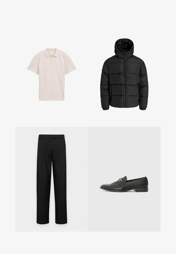 Juodas pūkuotas džemperis su užtrauktuku, kapišonu ir elastinėmis rankovėmis. Pagamintas iš glotnių, oro sąlygoms atsparių medžiagų su siuvinėjimo raštu.; Šviesiai rudos polo marškiniai su trumpomis rankovėmis, trijų mygtukų susegimu ir kontrastingomis pastelinių spalvų juostelėmis ant apykaklės ir rankovių kraštų. Lengvas audinys.; Juodi kelnių modeliai, pagaminti iš lygios medžiagos, turi tiesią kojas, du priekiniai klostės ir standartinę juosmenį su diržo kilpomis.; Juodos odinės loafer tipo bateliai su lygiu paviršiumi, turintys siuvinėtą dizainą ir dekoratyvų metalo grandinėlės akcentą ant batų viršaus. Plokščias kulnas.