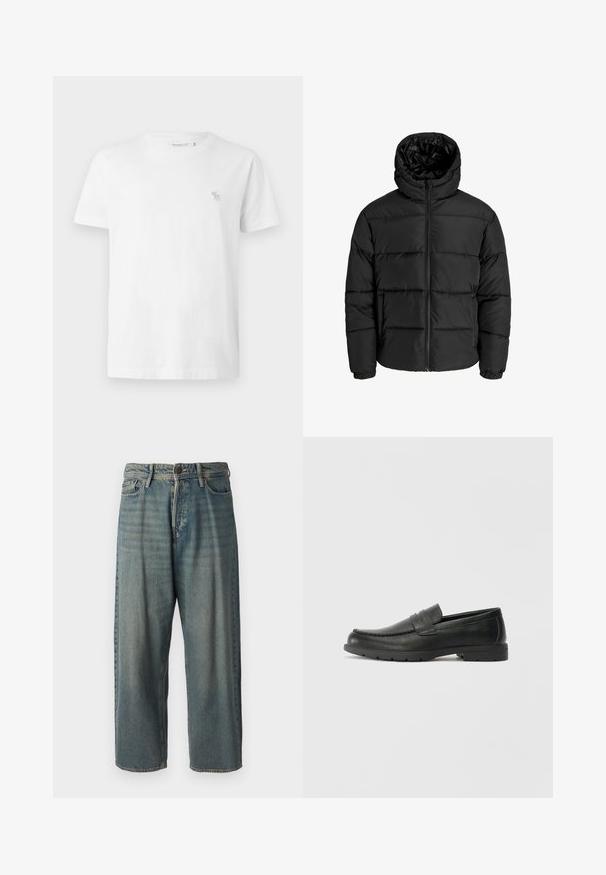 Schwarze Pufferjacke mit Reißverschluss, Kapuze und elastischen Bündchen. Hergestellt aus glattem, wetterbeständigem Material mit gestepptem Design.; Weißes Baumwoll-T-Shirt mit kurzen Ärmeln, Rundhalsausschnitt und kleinem grauen gestickten Logo auf der linken Brust. Glatte Textur.; Helle blaue Denim-Jeans mit lockerer Passform, mittelhoher Taille und geraden Beinen. Hat fünf Taschen, Gürtelschlaufen und einen Knopfverschluss.; Schwarze Lederloafers mit glatter Oberfläche, Mokassin-oberteil, genähten Details und Gummisohle. Klassisches Design mit niedrigem Absatz.