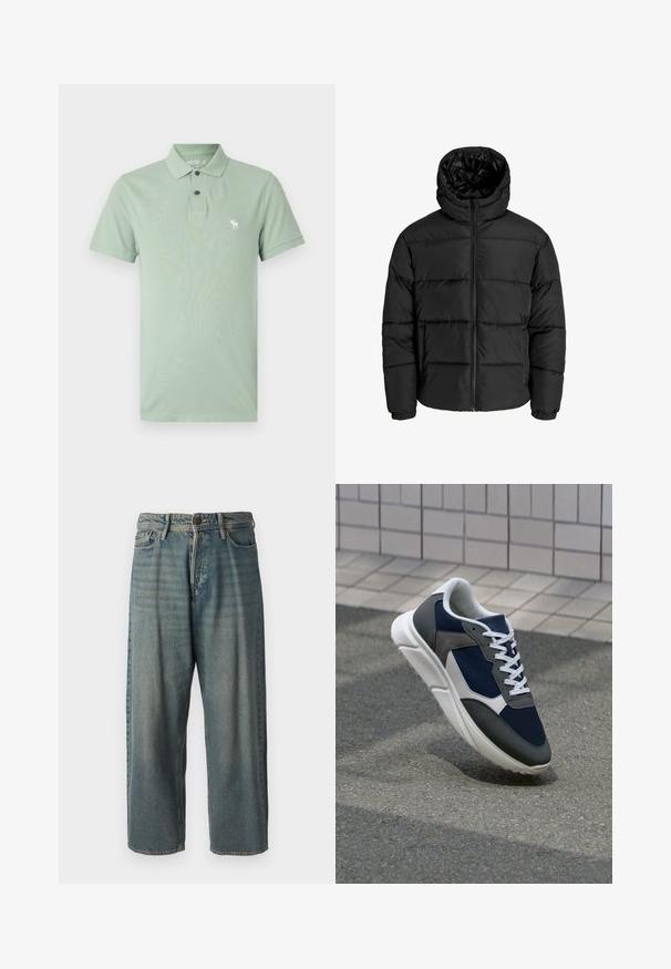 Schwarze Pufferjacke mit Reißverschluss, Kapuze und elastischen Bündchen. Hergestellt aus glattem, wetterbeständigem Material mit gestepptem Design.; Abercrombie & Fitch Icon Don't Sweat It Polo - Poloshirt - basil; Helle blaue Denim-Jeans mit lockerer Passform, mittelhoher Taille und geraden Beinen. Hat fünf Taschen, Gürtelschlaufen und einen Knopfverschluss.; Sneaker mit einem Obermaterial aus navyblauem Mesh, grauen Wildlederelementen, einer weißen Gummisohle und flachen weißen Schnürsenkeln, entworfen für Komfort und Atmungsaktivität.