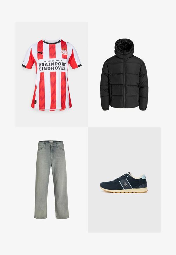 Crna puf jakna s zatvaračem sprijeda, kapuljačom i elastičnim manžetama. Napravljena od glatkog, vremenski otpornog materijala s kvadratnim dizajnom.; Crveno-bijela nogometna majica s vertikalnim prugama i cik-cak uzorcima, s logom Pume, grbom PSV Eindhovena i crnim rubom oko izreza.; Svijetlosive, široke traperice napravljene od denima. Imaju klasičan dizajn s pet džepova, petlje za remen i ravni kroj nogavica.; Mornarsko plave atletske tenisice od antilopa i mrežaste tkanine, s krem naglaskom na peti i gumenim potplatom. Bočni logo i dizajn s vezicama.