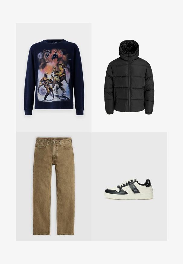 Crna puf jakna s zatvaračem sprijeda, kapuljačom i elastičnim manžetama. Napravljena od glatkog, vremenski otpornog materijala s kvadratnim dizajnom.; Mornarska majica dugih rukava u tamnoplavoj boji s vintage grafikom Star Wars, prikazujući likove i stvorenje na snježnom pejzažu.; Svijetlosmeđi traperice s ravnim nogavicama, pet džepova i bakrenim detaljima. Tekstuirana tkanina s vidljivim šavovima.; Kožne tenisice s crno-bijelom paletom boja, koje imaju perforirane akcentne detalje, podstavljeni ovratnik i teksturiranu potplat.