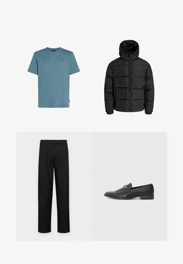 Must mühiga, millel on lukuga eesmine ja kapuuts, ning elastsed mansetid. Valmistatud siledast, ilmastikukindlast materjalist, mis on tikitud disainiga.; Hele sinine puuvillane T-särk, millel on ümardatud kaelus, lühikesed varrukad ja rinnal tumesinises varjus trükitud väike logo.; Mustad mustadest riietest, millel on sirge jalgade disain, kaks eesmist voltimist ja tavaline vöökoht, millel on vöökohad.; Must haveate nahkking punased, millel on sile viimistlus, tikitud muster ja dekoratiivne metallkett vampi üle. Tasane konts.