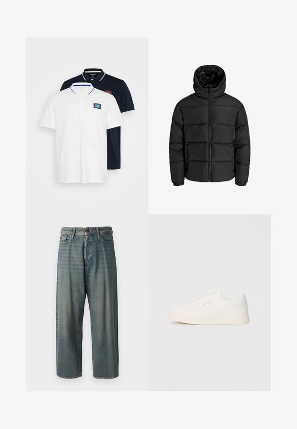 Schwarze Pufferjacke mit Reißverschluss, Kapuze und elastischen Bündchen. Hergestellt aus glattem, wetterbeständigem Material mit gestepptem Design.; Zwei übereinander gestapelte Poloshirts: eines in Weiß mit blauen Akzenten und einem Logo-Patch; das andere in Schwarz mit weißem Kragen und rotem Logo-Patch. Beide aus Baumwollstoff.; Helle blaue Denim-Jeans mit lockerer Passform, mittelhoher Taille und geraden Beinen. Hat fünf Taschen, Gürtelschlaufen und einen Knopfverschluss.; Weiße Slip-On-Sneaker mit einer strukturierten Oberfläche, dicker Sohle und minimalistischem Design. Mit Logo der Marke an der Seite.