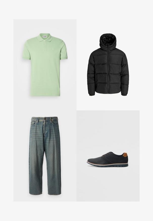 Must mühiga, millel on lukuga eesmine ja kapuuts, ning elastsed mansetid. Valmistatud siledast, ilmastikukindlast materjalist, mis on tikitud disainiga.; Heleda roheline puuvillane polo särk, lühikeste varrukatega, ribaga krae, kolme nupuga kinnitamine, väike logo vasakul rinnal, sile tekstuur.; Heledad sinine denim-stiilis teksad, volüümse lõike, keskmise kõrgusega talje ja sirgete säärega. Omab viit taskut, vöökumme ja nööpide sulgemist.; Mustavad sünteetilised jalatsid tekstureeritud pealsega, siledad aktsendid, pruun kand ja kontrastne tall. Omab minimaalset lukkude ja õmbluste dekoratsiooni.