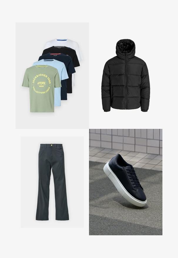 Črna puf jakna z zadrgo spredaj, kapuco in elastičnimi manšetami. Narejena iz gladkega, vremensko odpornega materiala s prešitim dizajnom.; Pet majice razporejene v vrsti: olivno zelena, svetlo modra, mornarsko modra, črna in bela. Vsaka ima okroglo izrez in različne logotipe.; Črne hlače s ravnim krojem, izdelane iz mešanice bombaža. Imajo kovinsko zaponko in stranske žepe. Brez vidnih vzorcev.; Črne usnjene superge z zaobljenim prstom in belim gumijastim podplat. Imajo ravne vezalke in minimalno šivanje na zgornjem delu. Teksturirani podplat za oprijem.