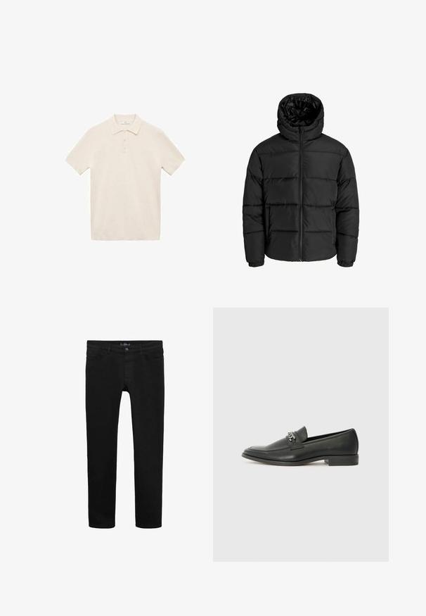 Schwarze Pufferjacke mit Reißverschluss, Kapuze und elastischen Bündchen. Hergestellt aus glattem, wetterbeständigem Material mit gestepptem Design.; Polohemd in Off-White, mit kurzen Ärmeln, aus weichem Stoff. Verfügt über einen klassischen Kragen und eine Knopfleiste mit drei Knöpfen, mit einer glatten Textur.; Schwarze Jeans aus Denim mit schlankem Schnitt, featuring einen vorderen Knopfverschluss, fünf Taschen und einer durchgehend glatten Textur.; Schwarzer Lederloafer mit glatter Oberfläche, ausgestattet mit einer gesteppten Gestaltung und einem dekorativen Metallkettendetail über dem Vorderblatt. Flacher Absatz.