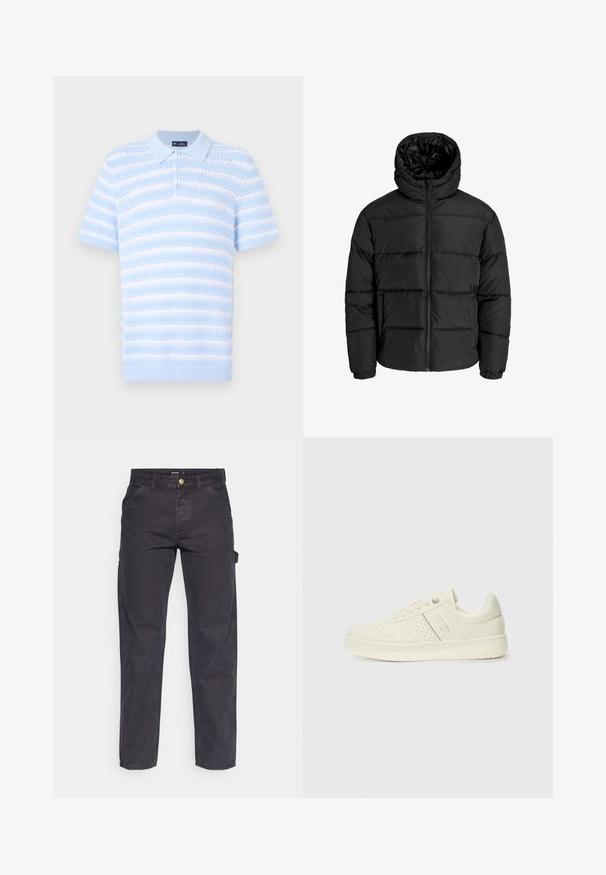 Sort foret jakke med lynlås foran, hætte og elastiske manchetter. Lavet af glat, vejrbestandigt materiale med en quiltet design.; Lyseblå polo t-shirt med korte ærmer, prydet med horisontale striber og tekstureret mønster. Knaplukning og ribbet kravedetalje.; Mørkegrå cargo-bukser lavet af slidstærkt stof, med lige ben, fem lommer og en knaplukning i taljen.; Cremefarvet sneaker med perforeret detaljering, snørebånd og logo på siden, præsenteret mod en simpel hvid baggrund.