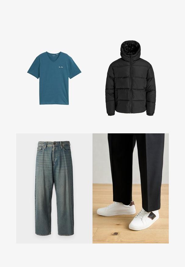 Musta puhvijakku, jossa on vetoketjukiinnitys, huppu ja joustavat hihansuut. Valmistettu sileästä, säänkestävästä materiaalista, jossa on tikkikuvio.; Teal V-kauluspaita, joka on valmistettu pehmeästä puuvillasta, lyhyillä hihoilla ja pienellä valkealla logolla vasemmassa rinnassa. Yksinkertainen, rento muotoilu.; Vaaleansiniset farkut, joissa on väljä istuvuus, keskikorkea vyötärö ja suorat lahkeet. Ominaisuuksiin kuuluvat viisi taskua, vyölenkit ja nappisulku.; Valkoiset tennarit, joissa on sileä pinta, ruskealla nahka-akentilla ja mustilla yksityiskohdilla, yhdistetty mustiin räätälöityihin housuihin. Taustalla puulattia.