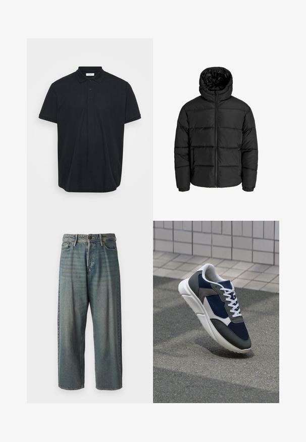 Fekete puffernadrág cipzárral, kapucnival és elasztikus mandzsettával. Simább, időjárásálló anyagból készült, steppelt kialakítással.; Texturált anyagú fekete pólóing, klasszikus gallérral, három gombos nyitással és rövid ujjal, bordás mandzsettával.; Világoskék farmernadrág, laza fazonnal, közepes derékbőséggel és egyenes szárral. Öt zsebet, övbucskát és gombos záródást tartalmaz.; Cipő, amelynek sötétkék hálós felsőrésze, szürke velúr díszítései, fehér gumitalpa és lapos fehér fűzője van, a kényelem és a légáteresztő képesség érdekében tervezve.