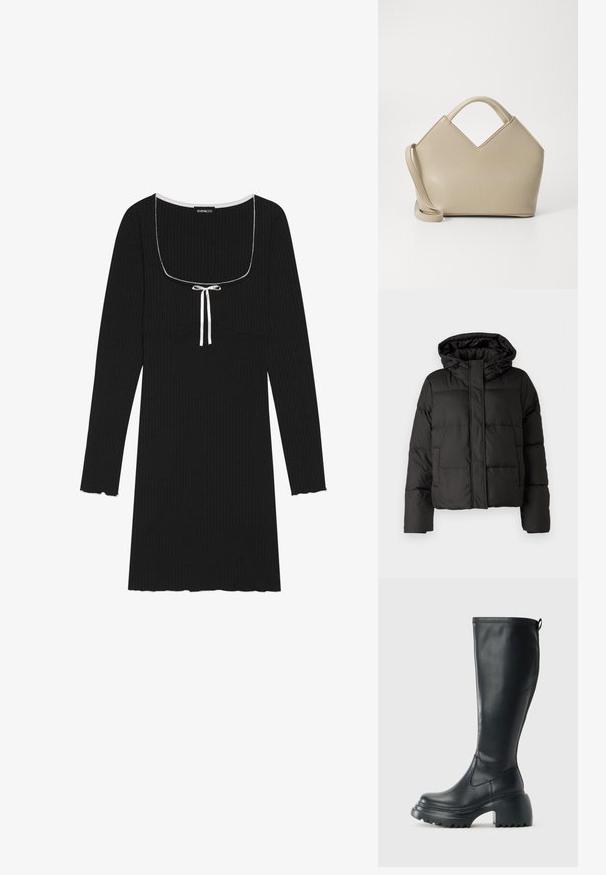 Fekete puffernadrág kapucnival, elöl cipzárral záródik, steppelt mintázattal és elasztikus mandzsettákkal rendelkezik. Simább szintetikus anyagból készült.; Fekete bordázott, hosszú ujjú ruha négyzet alakú nyakkivágással, fehér húzózsinór részlettel és hullámos mandzsettákkal az ujjaknál és az alján.; Magas fekete bőrcipő, vastag platform talppal és blokk sarokkal, húzófüllel és texturált profillal az outsole-on.; Beige struktúrált kézitáska V-alakú tetejével, sima bőr anyaggal, rövid fogantyúkkal és hosszú állítható pánttal. Minimál stílusú design.